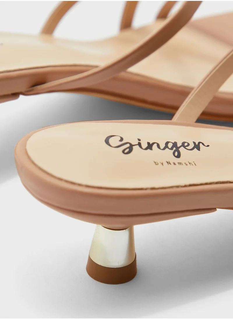 Ginger Strappy Square Toe Mule With Gold Kitten Heel