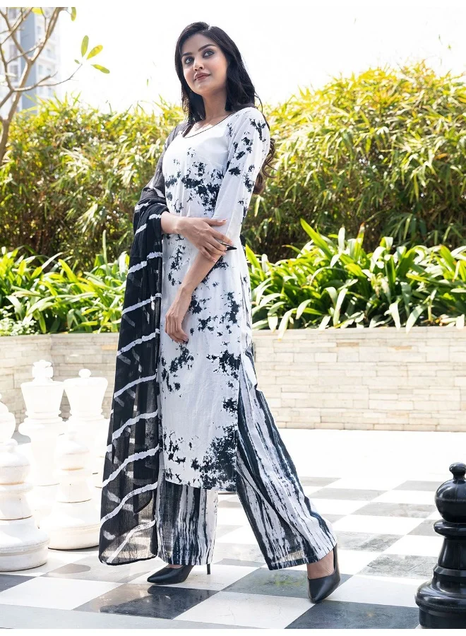 AKS AKS Abstract Printed Pure Cotton Straight Kurta & Palazzos with Dupatta