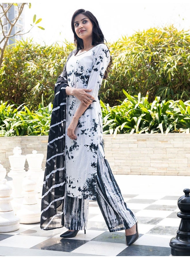 AKS Abstract Printed Pure Cotton Straight Kurta & Palazzos with Dupatta - Image 1