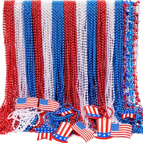 Moon Boat 100PCS 4th of July Accessories Necklaces Blue White and Red Beads Bulk Patriotic Party Independence Memorial Day Favors Toys Decorations - Image 1