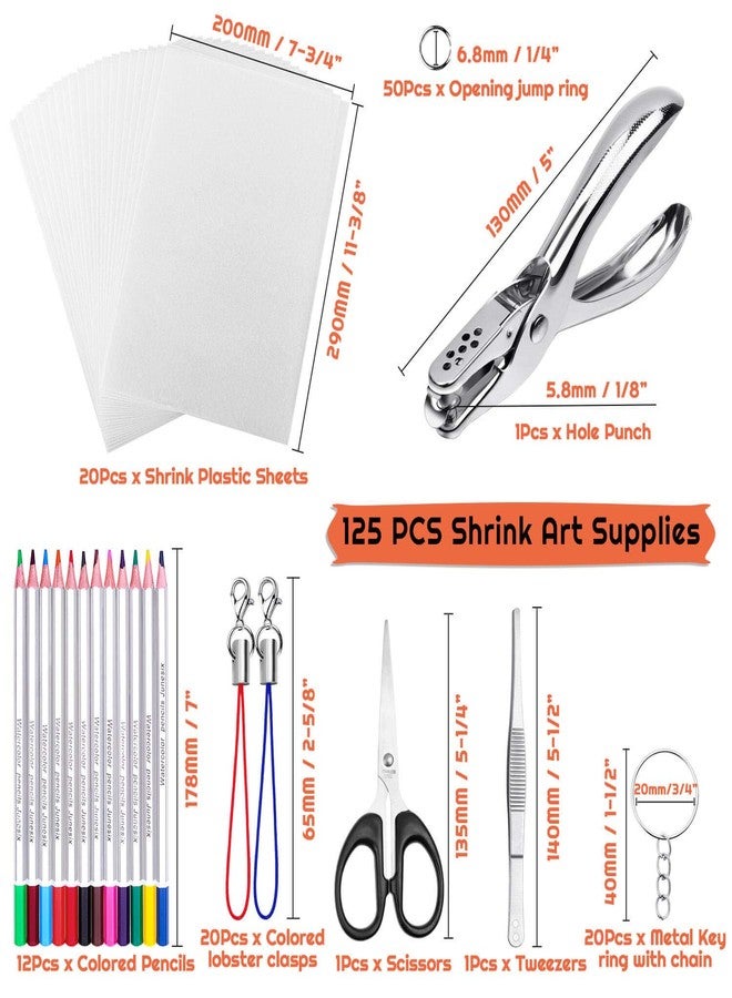 shynek Shrinky Plastic Sheets Keychain Kit, 125Pcs Shrinky Art Kit Including 20 Pcs Shrinky Paper Sheets, Hole Punch, Pencils, Keychains, Tweezers, Scissors for Crafts and Keychains - Image 2