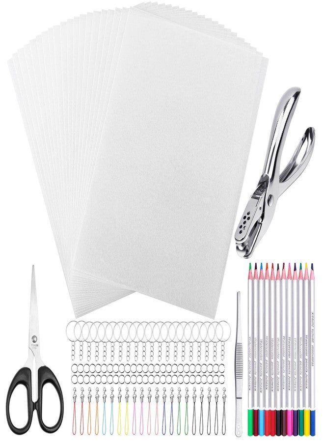 shynek Shrinky Plastic Sheets Keychain Kit, 125Pcs Shrinky Art Kit Including 20 Pcs Shrinky Paper Sheets, Hole Punch, Pencils, Keychains, Tweezers, Scissors for Crafts and Keychains - Image 1
