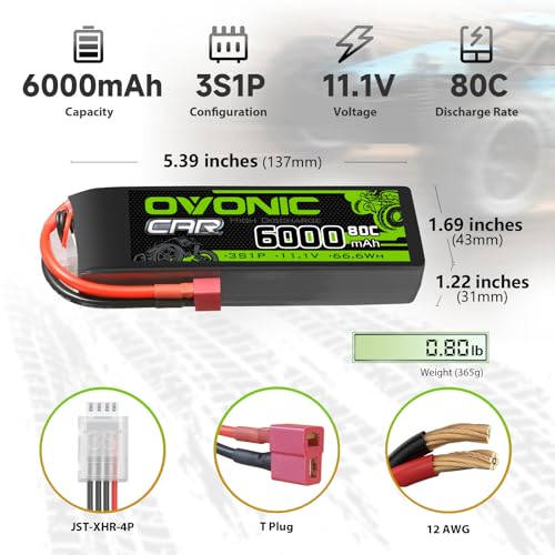 OVONIC بطارية أوفونيك 11.1 فولت ليثيوم بوليمر 3S 80C 6000 مللي أمبير مع موصل ديان-ستايل لتوصيل السيارات والشاحنات والقوارب مقاس 1/8 1/10 - Image 2