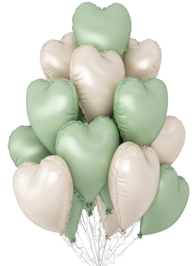 Sowide Sage Green White Heart Balloons,12Pcs 18 Inch Oliver Green Cream Foil Love Heart Shaped Balloons for Baby Shower Birthday Party Bridal Engagement Wedding Anniversary Valentines Day Decorations - Image 1