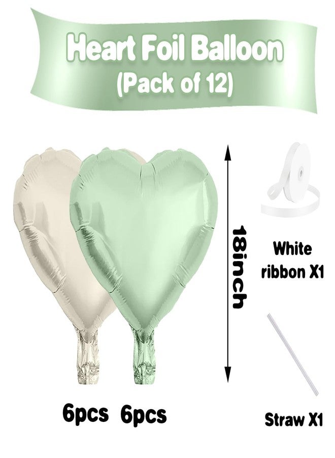 Sowide Sage Green White Heart Balloons,12Pcs 18 Inch Oliver Green Cream Foil Love Heart Shaped Balloons for Baby Shower Birthday Party Bridal Engagement Wedding Anniversary Valentines Day Decorations - Image 2