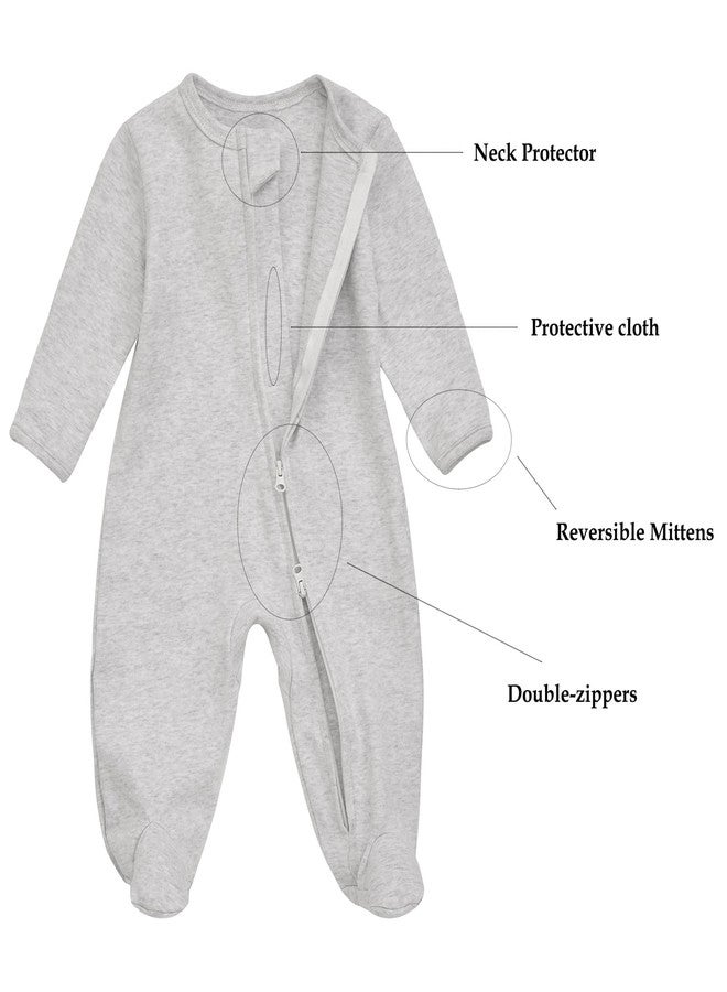 Aablexema Baby Footie Pajamas with Mitten Cuffs, Double Zipper Infant Cotton clothes Sleeper Pjs, Footed Sleep Play (0-3m, Ivory & Grey & Blue) - Image 3