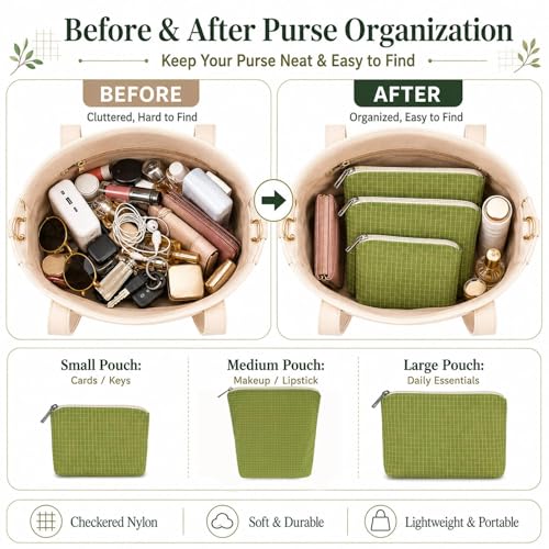 BBORGDC Small Cosmetic Bag Set of 3 for Purse Green Makeup Pouch Set 3 Sizes Zipper Organizer for Travel Toiletries Gift for Her Birthday Bridesmaid Best Friend - Image 3