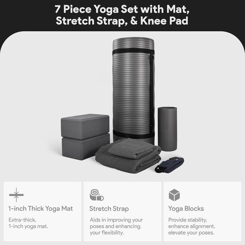BalanceFrom 7-Piece Yoga Set with 71x24x0.5 Inches Extra Thick Mat and Carrying Sling – Includes 2 Blocks, Stretch Strap, 2 Towels, and Knee Pad for Home, Studio, and Gym Workouts - Image 2