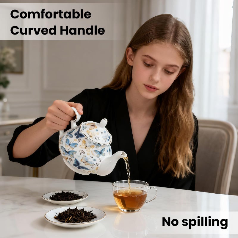 LEAZUL 33.8 oz Porcelain Tea Pot Luxury Gold Trim Floral Ceramic Teapot Waterpot Tea Maker for Blooming Loose Leaf Tea Coffee Milk Chrismas Women Gift Housewarming Home Kitchen DÃ©cor (Butterfly) - Image 2