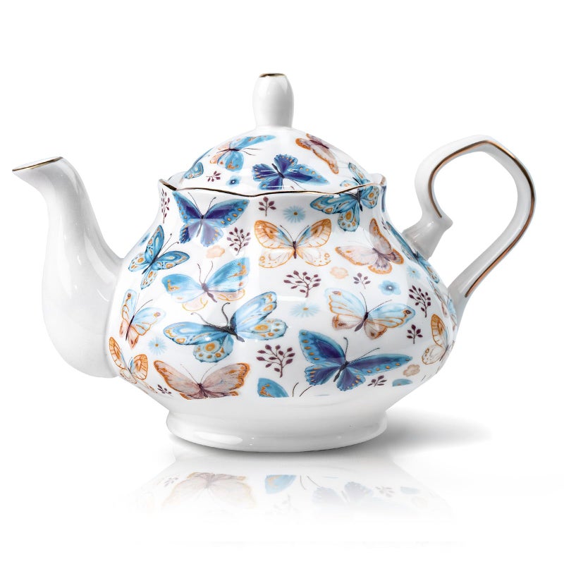 LEAZUL 33.8 oz Porcelain Tea Pot Luxury Gold Trim Floral Ceramic Teapot Waterpot Tea Maker for Blooming Loose Leaf Tea Coffee Milk Chrismas Women Gift Housewarming Home Kitchen DÃ©cor (Butterfly) - Image 1