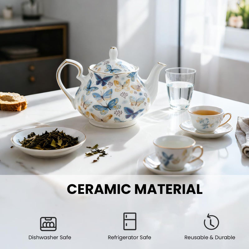 LEAZUL 33.8 oz Porcelain Tea Pot Luxury Gold Trim Floral Ceramic Teapot Waterpot Tea Maker for Blooming Loose Leaf Tea Coffee Milk Chrismas Women Gift Housewarming Home Kitchen DÃ©cor (Butterfly) - Image 4