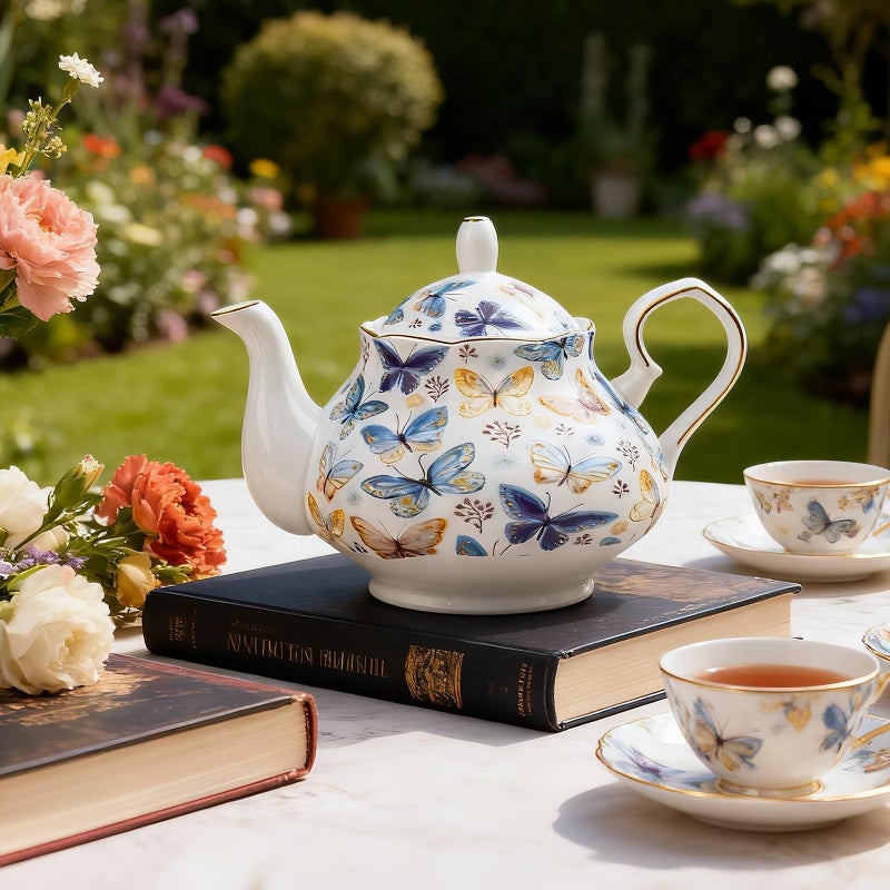 LEAZUL 33.8 oz Porcelain Tea Pot Luxury Gold Trim Floral Ceramic Teapot Waterpot Tea Maker for Blooming Loose Leaf Tea Coffee Milk Chrismas Women Gift Housewarming Home Kitchen DÃ©cor (Butterfly) - Image 3