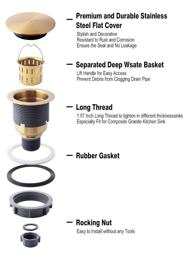 Lonsince Kitchen Sink Drain Assembly,Gold Sink Strainer Opening 3 1/2",Gold Kitchen Sink Drain with Removable Basket - Image 4
