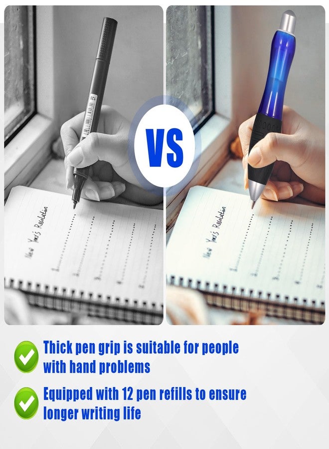 NQEUEPN 2pcs Big Fat Pens with 12 Refills, Large Bold Grip Pens Large Wide Grip Pens Aids Writing for Elderly Hand Tremors Weak Hand(Black, Blue) - Image 4