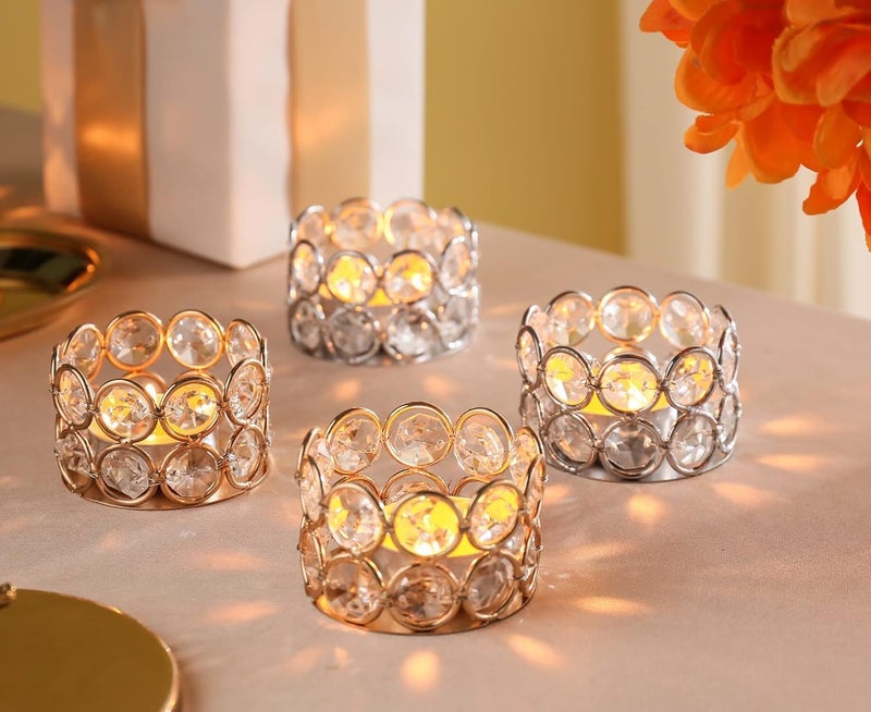 CentraLit Iron Art Ware Crystal Tealight Candle Holder for Home Decoration Diya Diwali Decoration Items Decoration Item Small T Lites Votives Return Gift Table Decoration Gold Pack of 4 - Image 1