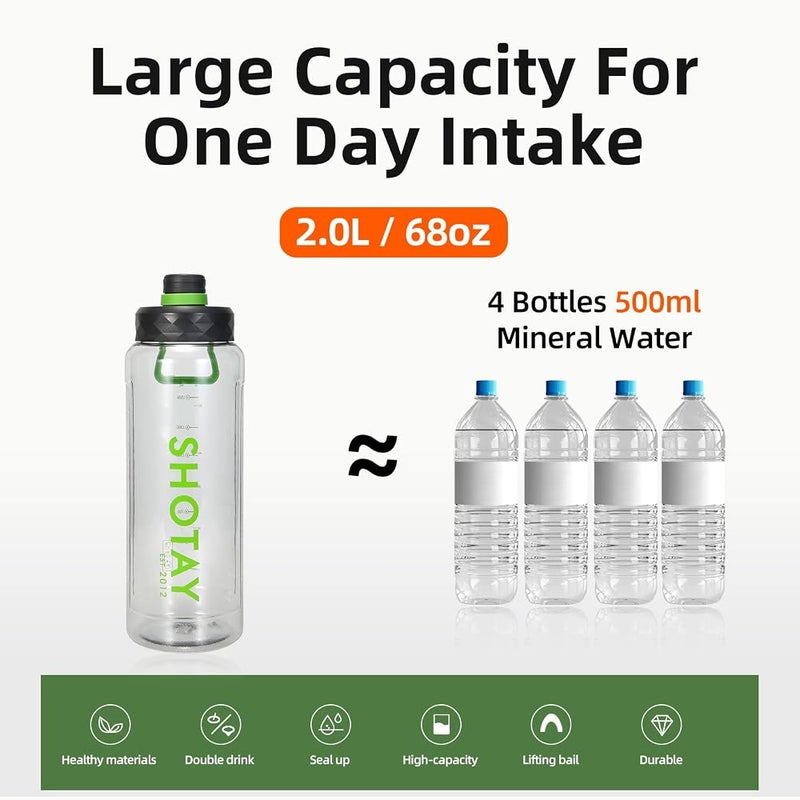 شوتاي SHOTAY 2.0L Sports Water Bottles Half Gallon Motivational with Time Marker Removable Straw, BPA Free And Leakproof, Big Water Jug for Fitness, Gym, Sports And Camping. اللون الأسود - Image 3