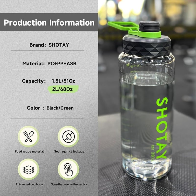 شوتاي SHOTAY 2.0L Sports Water Bottles Half Gallon Motivational with Time Marker Removable Straw, BPA Free And Leakproof, Big Water Jug for Fitness, Gym, Sports And Camping. اللون الأسود - Image 2