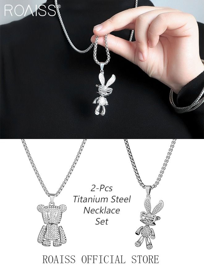 roaiss 2 Pack Necklace Set Bling Teddy Bear Pendant Necklace Hip Hop Style Bunny Pendant Necklace With Diamonds And Long Sweater Chain  - Image 1