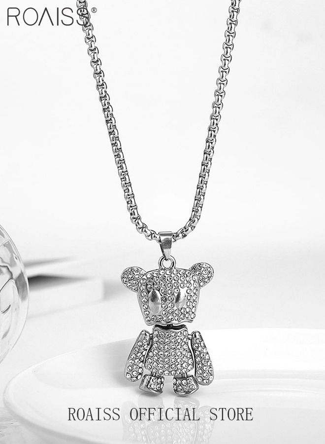 roaiss 2 Pack Necklace Set Bling Teddy Bear Pendant Necklace Hip Hop Style Bunny Pendant Necklace With Diamonds And Long Sweater Chain  - Image 2