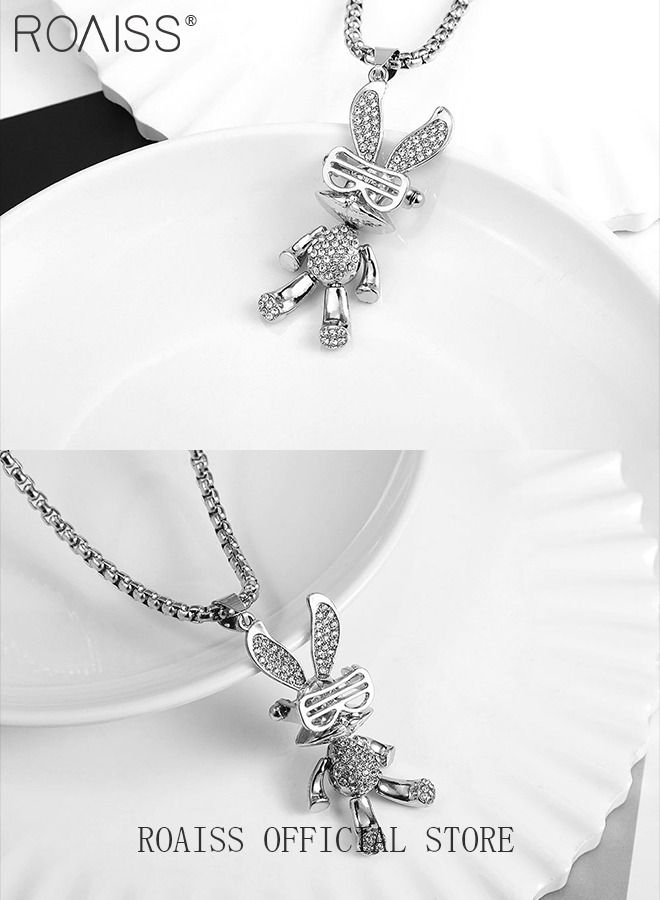 roaiss 2 Pack Necklace Set Bling Teddy Bear Pendant Necklace Hip Hop Style Bunny Pendant Necklace With Diamonds And Long Sweater Chain  - Image 5