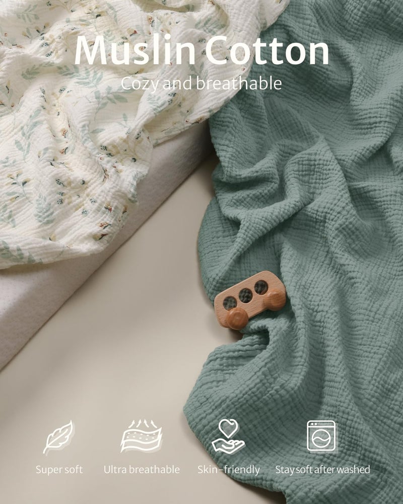 Blissful Diary Muslin Crib Sheets for Girl Boy, Boho Neutral Soft Cotton Baby Sheet for 52''x28'' Standard Crib Mattress, 2 Pack(Roman Green&Leaf) - Image 2