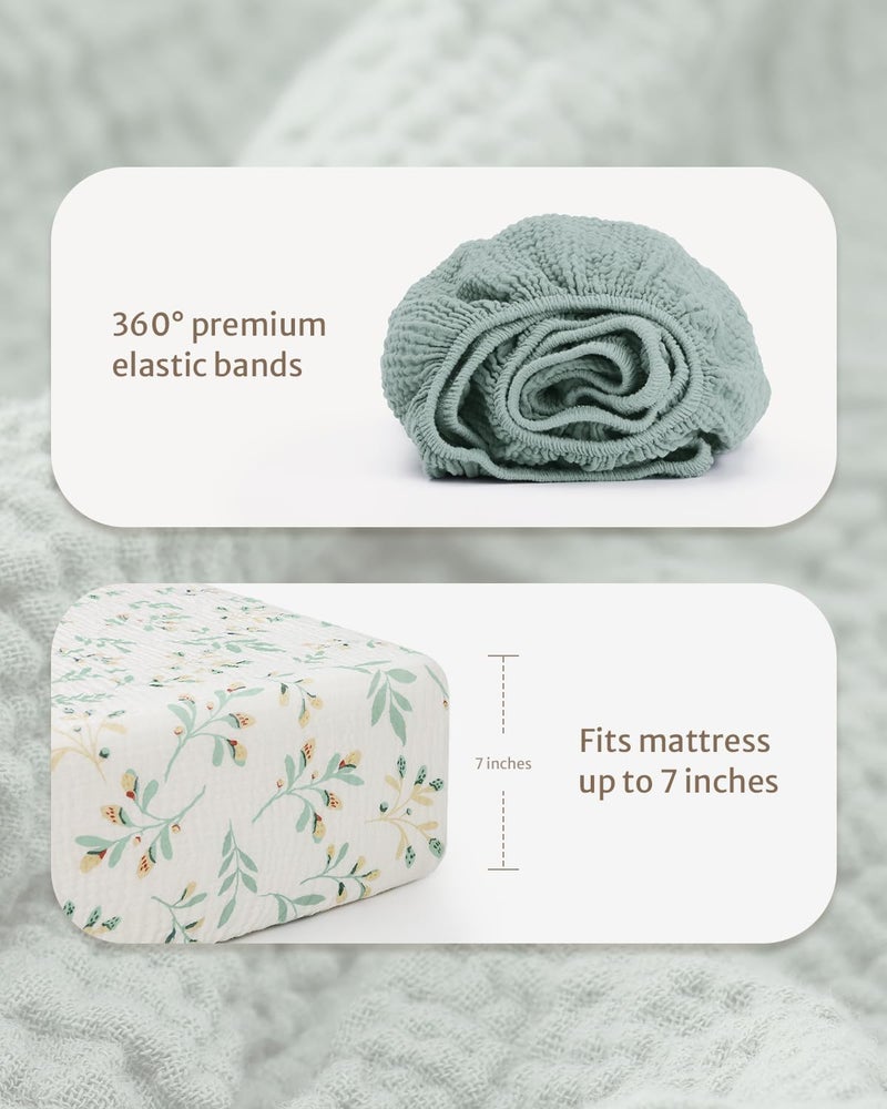 Blissful Diary Muslin Crib Sheets for Girl Boy, Boho Neutral Soft Cotton Baby Sheet for 52''x28'' Standard Crib Mattress, 2 Pack(Roman Green&Leaf) - Image 5