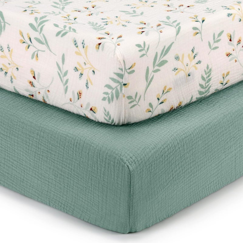 Blissful Diary Muslin Crib Sheets for Girl Boy, Boho Neutral Soft Cotton Baby Sheet for 52''x28'' Standard Crib Mattress, 2 Pack(Roman Green&Leaf) - Image 1