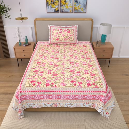 EasyGoods® 100% Pure Cotton Jaipuri Bedsheet with Pillow Covers | Soft & Breathable Fabric | Traditional Floral Print | Cotton Bedsheet (Orange 3, Single) - Image 2