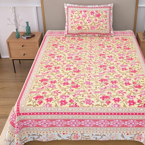 EasyGoods® 100% Pure Cotton Jaipuri Bedsheet with Pillow Covers | Soft & Breathable Fabric | Traditional Floral Print | Cotton Bedsheet (Orange 3, Single) - Image 1