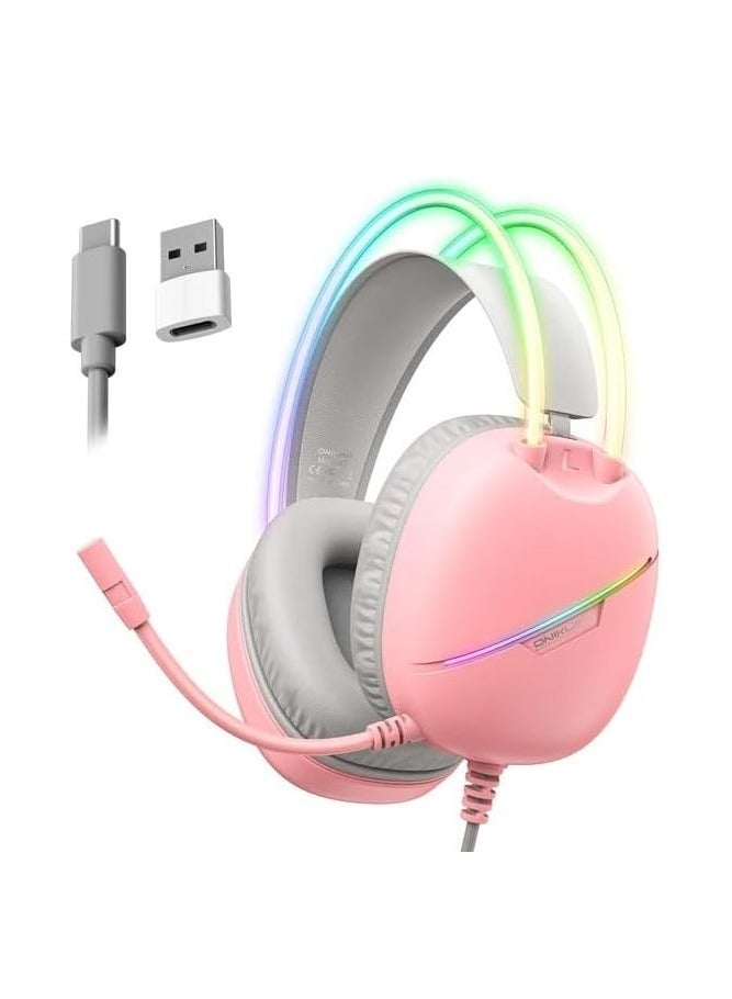onikuma X33 Gaming Headset USB / Type-C – Noise Reduction Mic. – Cool RGB Light – Body Controller – 50mm Speaker Unit – Comfort Ear Pads – For Mobile, PC, PS 4/5 | Pink - Image 1