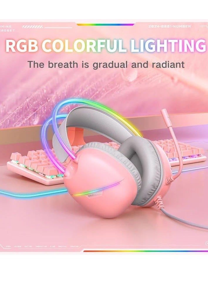 onikuma X33 Gaming Headset USB / Type-C – Noise Reduction Mic. – Cool RGB Light – Body Controller – 50mm Speaker Unit – Comfort Ear Pads – For Mobile, PC, PS 4/5 | Pink - Image 4