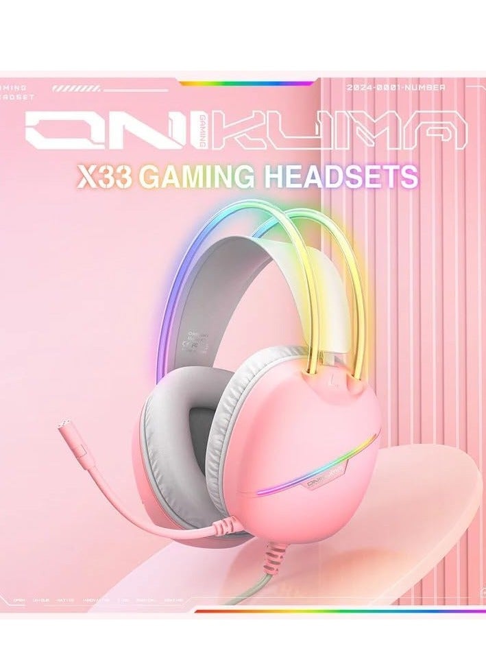 onikuma X33 Gaming Headset USB / Type-C – Noise Reduction Mic. – Cool RGB Light – Body Controller – 50mm Speaker Unit – Comfort Ear Pads – For Mobile, PC, PS 4/5 | Pink - Image 5