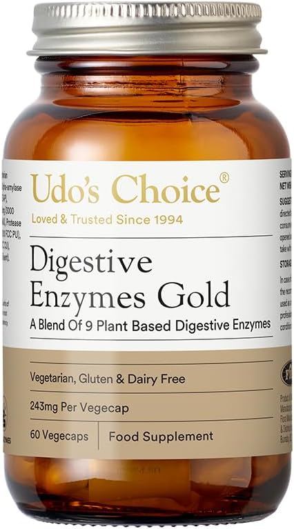 Digestive Enzymes Supplement UDOs Choice Enzymes Gold 9 PlantBased Enzymes for Protein Fat Carb Digestion High Strength Gluten Free Dairy Free Vegetarian 60 Vegecaps One a Day