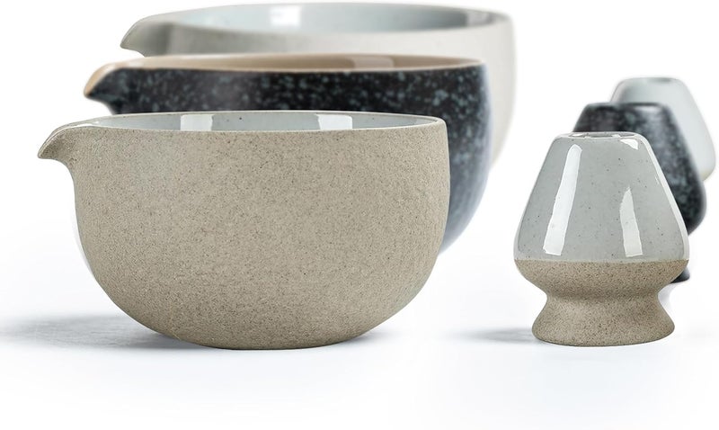 TEANAGOO 2 Pcs Matcha Bowl with Spout, Ceramic 18 OZ Matcha Bowl Set and Whisk Holder, Matcha Chawan, Grey Matcha Cup with Stand, Green Tea Mixing Bowl, Gift Set for Matcha Lover - Image 1