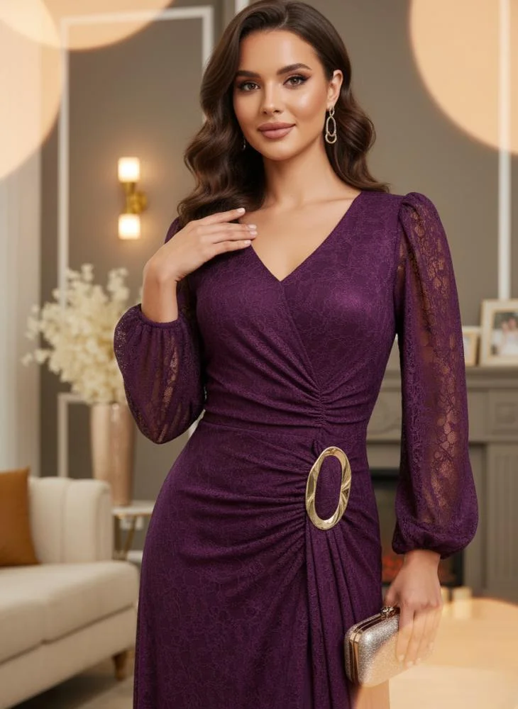 Opera Fashion Soft Burgundy Lace Evening Dress with Distinctive Cut