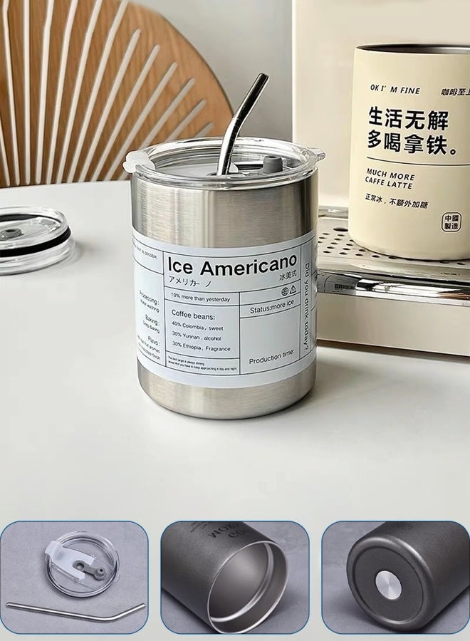 HQ-GAMING Iced American Insulated Coffee Cup with Stainless Steel Straw, Outdoor Travel Cup, Portable Stainless Steel Cup, Inspirational Text Travel Coffee Cup, Unisex (11*8.5cm Gray) - Image 1