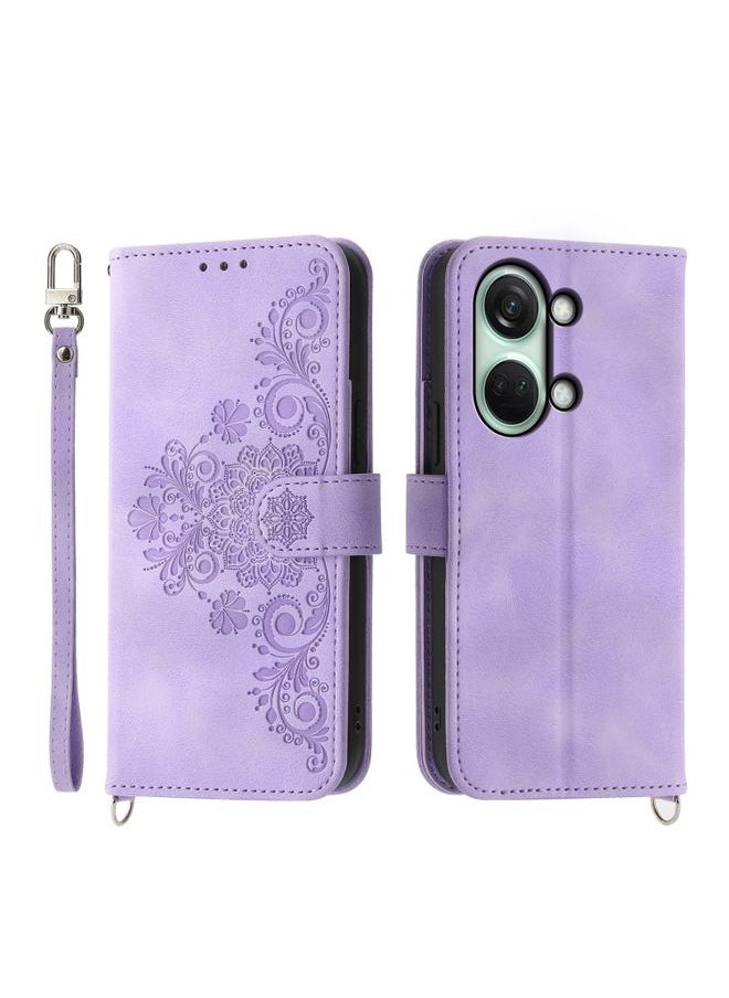 HuHa - Case Cover For For OnePlus Ace 2V Skin-feel Flowers Embossed Wallet Leather Phone Case(Purple) - Image 1