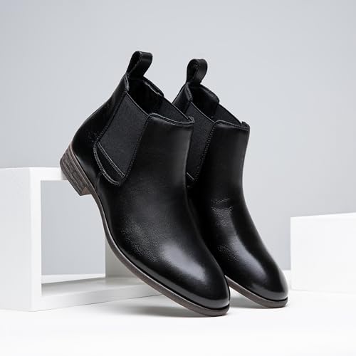 Jousen Men's Chelsea Boots Leather Lightweight Casual Chukka Ankle Boots Classic Elastic Dress Boots for Men (AMY8155A Black 9) - Image 3
