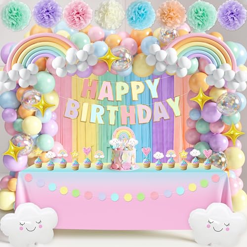 THAWAY Pastel Rainbow Birthday Decorations 182Pcs Rainbow Party Supplies Include Pastel Balloon Arch Kit with Rainbow Foil Balloons Streamer Backdrop Tablecloth Banner Garland Cake Toppers Paper Pompoms - Image 1
