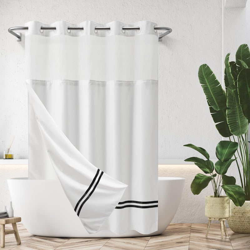 River Dream Shower Curtain with Snap in LinerNo Hooks Needed Shower Curtain for BathroomHotel GradeMachine Washable71 Wx74 H White and Black Stripe and Magnets