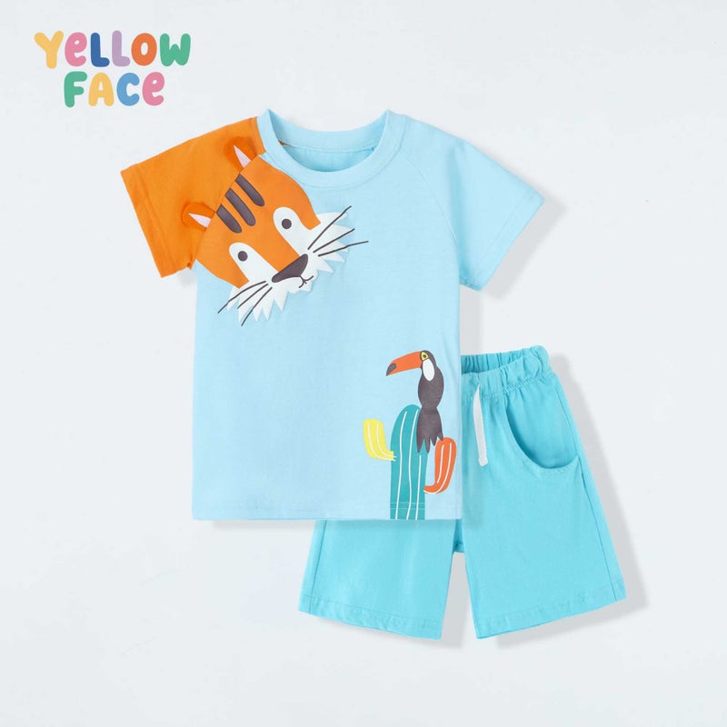 طقم أولاد صيفي بنمط أوروبي وأمريكي قصير الأكمام مكون من قطعتين مع طباعة نمر لطيف للأطفال - Image 2