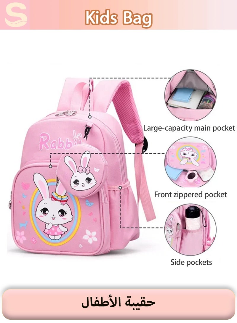 Serinovia Kids Bag Cute Cartoon Backpack with Coin Purse, Suitable for Primary school student Lightweight Bookbags for Girls Boys (Rabbit - Light Pink) - Image 3