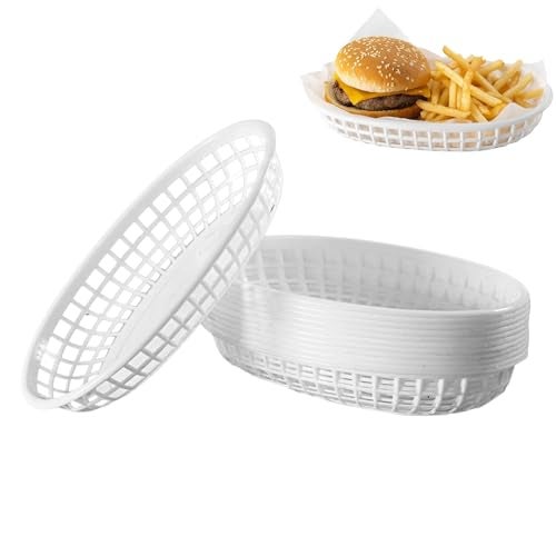 THW® Oval Fast Food Basket Plastic for Fries Chip Sandwiches Burgers Nachos Snacks, White- Set of 12 Pieces - Image 1
