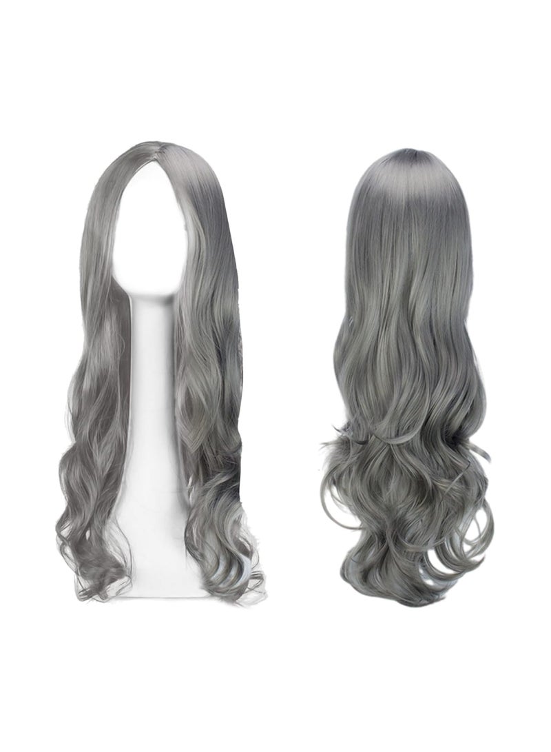 SYOSI Long Wavy Wig with Soft Synthetic Fibers for Natural Look and Full Volume, Adjustable Cap and Easy to Style, Ideal for Cosplay, Daily Wear, Parties for Women and Girls (Silver Grey) - Image 1