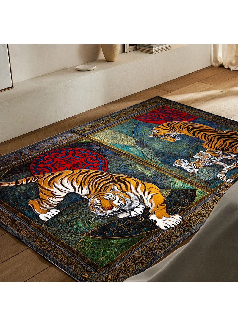 Vagonik Tiger Bohemian Patterned Digital Printed Carpet Non-Slip Based Washable Carpet