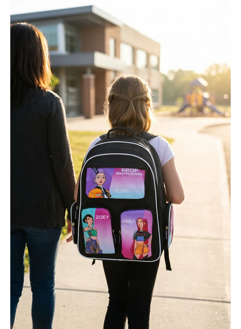 نيتفليكس Netflix KPop Demon Hunters Regular Backpack 18" | Huntrix Character School Backpack for Kids & Teens | Large Capacity Multi-Pocket School Bag | Durable Travel & Everyday Backpack