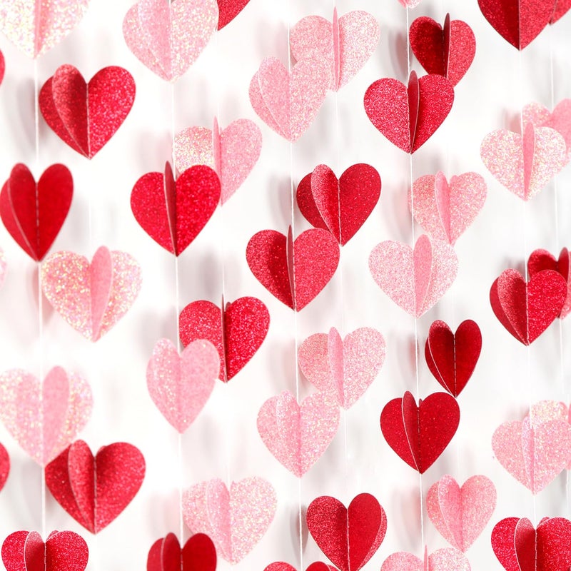 Hugfond Galentines Party-Decorations Valentines-Day 3D-Heart Garland - 40ft Red Pink Streamers Paper Banner, Proposal Anniversary Romantic Birthday Baby Shower Rustic Wedding Hanging Ornaments Decor Hugfond - Image 1