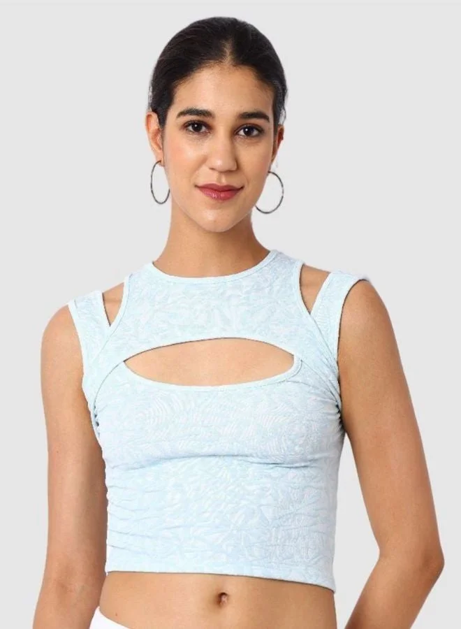 Women Regular Fit Textured Crew Neck Sleeveless Cut Out Top