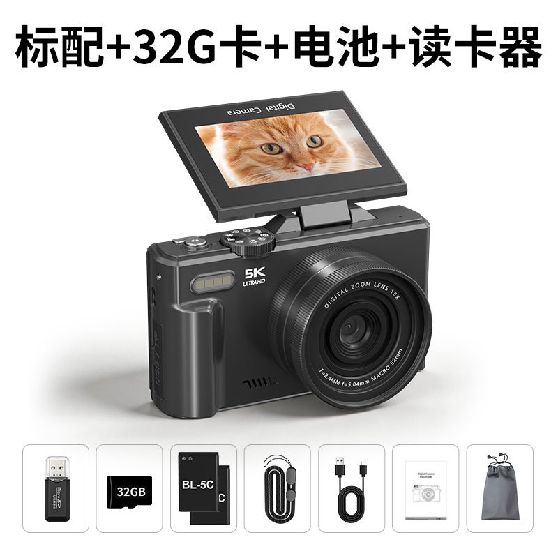 Black + 32GB Card + Battery + Card Reader - 5K Mirrorless Digital Camera with Flip Screen for Selfies, Retro Style - Image 1