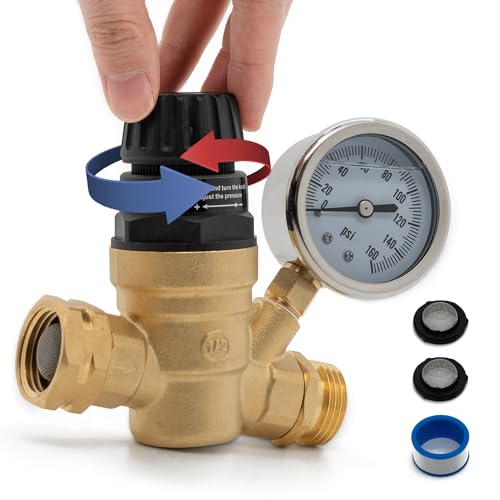 VANCOCO RV Water Pressure Regulator Valve with Gauge 34 NH Thread 45160 PSI Adjustable Pressure Water Regulator with ToolFree Handle for RV Camper Travel Trailer - Image 1